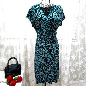 Nicole Miller Women's Dress Size Large Turquoise Black Animal Print Faux Wrap